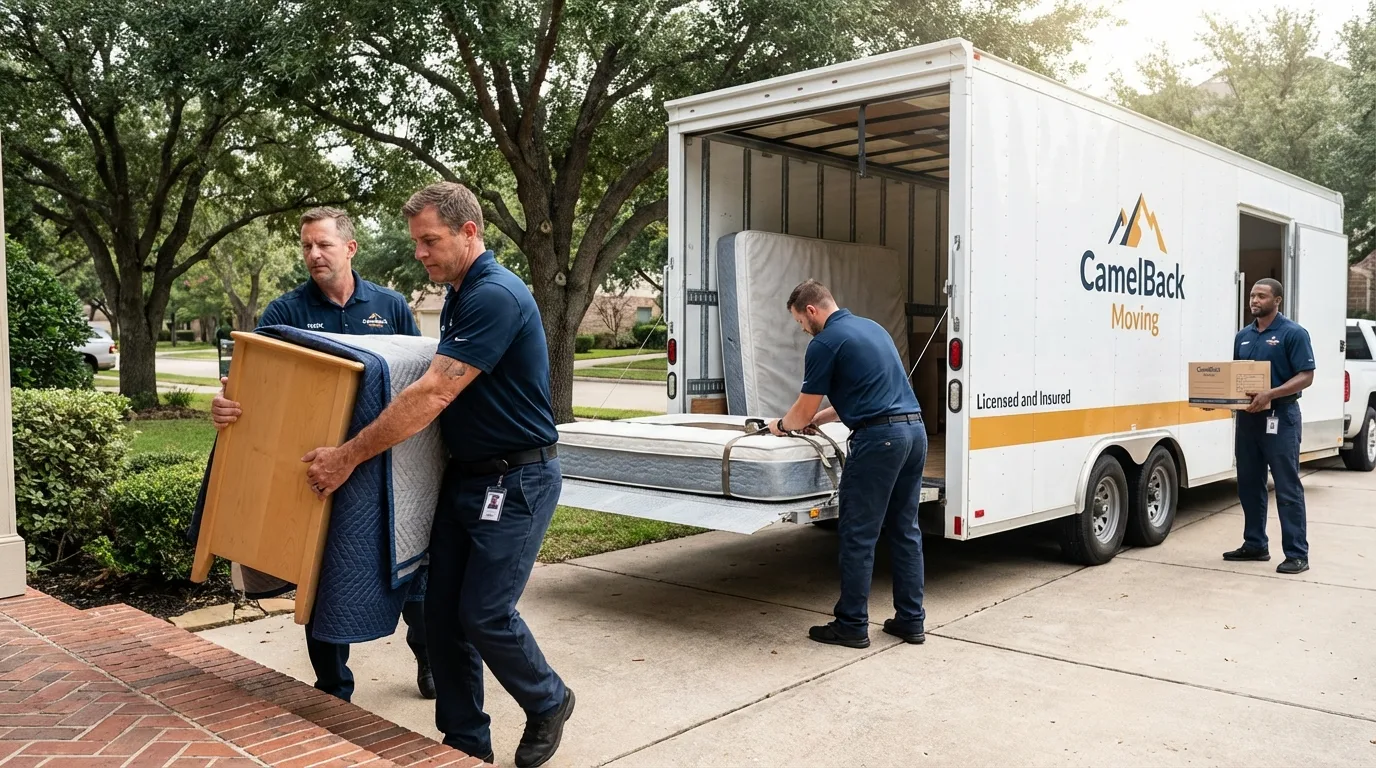 Crew loading residential truck for cross-state move from Lake Village, AR