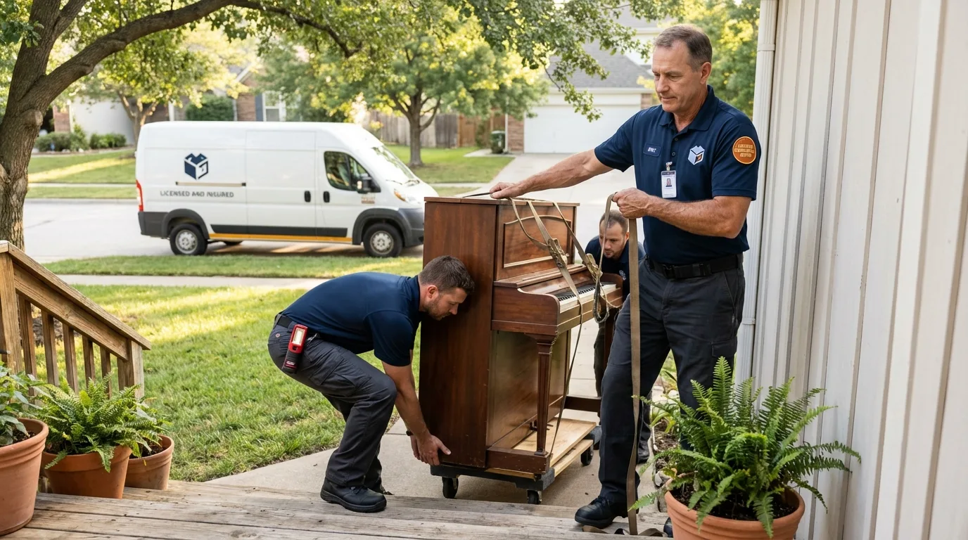 Licensed piano movers securing grand piano in Lake Village, AR