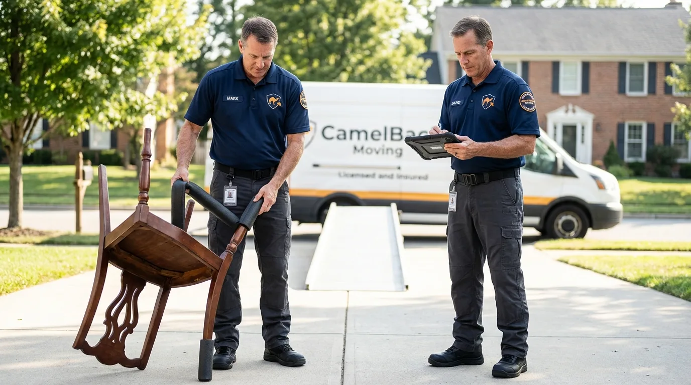 Movers inspecting furniture for damage prevention before loading in Lake Village, AR