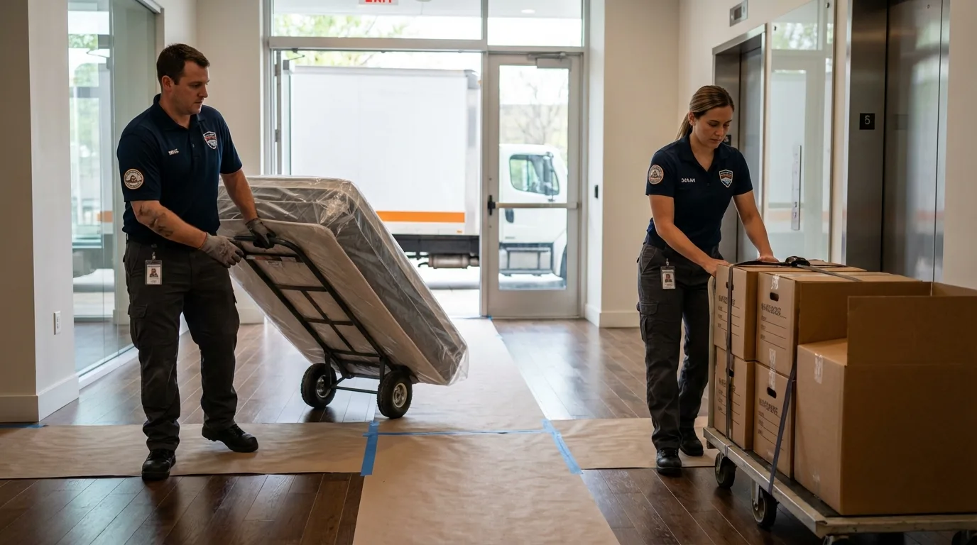 Professional apartment movers loading elevator in Lake Village, AR