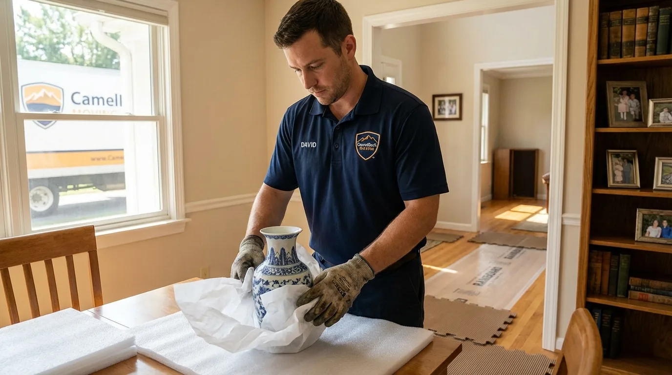 Professional crew carefully wrapping antique vase for senior downsizing move in Lake Village, AR