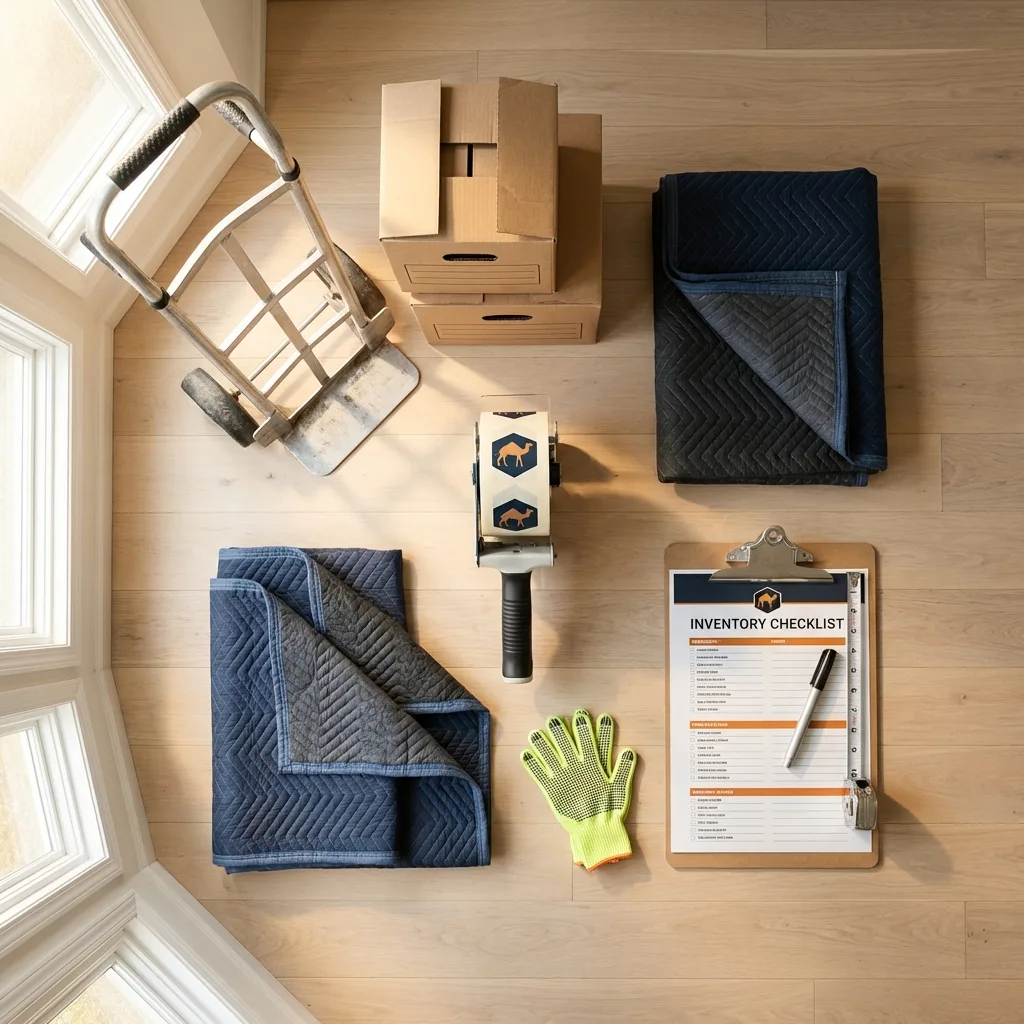 Professional moving supplies and packing materials layout for Lake Village residential relocations